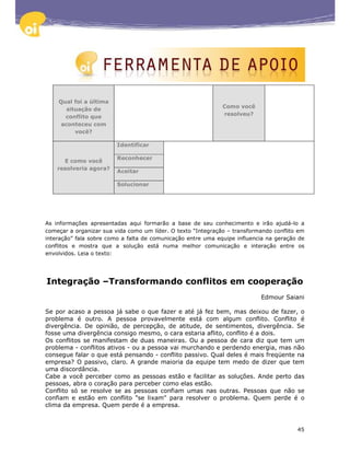 Qual foi a última
                                                              Como você
       situação de
                                                              resolveu?
      conflito que
     aconteceu com
          você?

                         Identificar

                         Reconhecer
      E como você
    resolveria agora?
                         Aceitar

                         Solucionar




As informações apresentadas aqui formarão a base de seu conhecimento e irão ajudá-lo a
começar a organizar sua vida como um líder. O texto “Integração – transformando conflito em
interação” fala sobre como a falta de comunicação entre uma equipe influencia na geração de
conflitos e mostra que a solução está numa melhor comunicação e interação entre os
envolvidos. Leia o texto:




Integração –Transformando conflitos em cooperação
                                                                           Edmour Saiani

Se por acaso a pessoa já sabe o que fazer e até já fez bem, mas deixou de fazer, o
problema é outro. A pessoa provavelmente está com algum conflito. Conflito é
divergência. De opinião, de percepção, de atitude, de sentimentos, divergência. Se
fosse uma divergência consigo mesmo, o cara estaria aflito, conflito é a dois.
Os conflitos se manifestam de duas maneiras. Ou a pessoa de cara diz que tem um
problema - conflitos ativos - ou a pessoa vai murchando e perdendo energia, mas não
consegue falar o que está pensando - conflito passivo. Qual deles é mais freqüente na
empresa? O passivo, claro. A grande maioria da equipe tem medo de dizer que tem
uma discordância.
Cabe a você perceber como as pessoas estão e facilitar as soluções. Ande perto das
pessoas, abra o coração para perceber como elas estão.
Conflito só se resolve se as pessoas confiam umas nas outras. Pessoas que não se
confiam e estão em conflito "se lixam" para resolver o problema. Quem perde é o
clima da empresa. Quem perde é a empresa.



                                                                                        45
 