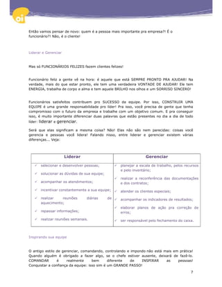 Então vamos pensar de novo: quem é a pessoa mais importante pra empresa?! É o
funcionário?! Não, é o cliente!



Liderar e Gerenciar



Mas só FUNCIONÁRIOS FELIZES fazem clientes felizes!


Funcionário feliz a gente vê na hora: é aquele que está SEMPRE PRONTO PRA AJUDAR! Na
verdade, mais do que estar pronto, ele tem uma verdadeira VONTADE DE AJUDAR! Ele tem
ENERGIA, trabalha de corpo e alma e tem aquele BRILHO nos olhos e um SORRISO SINCERO!


Funcionários satisfeitos contribuem pro SUCESSO da equipe. Por isso, CONSTRUIR UMA
EQUIPE é uma grande responsabilidade pro líder! Pra isso, você precisa de gente que tenha
compromisso com o futuro da empresa e trabalhe com um objetivo comum. E pra conseguir
isso, é muito importante diferenciar duas palavras que estão presentes no dia a dia de todo
líder:   liderar e gerenciar.

Será que elas significam a mesma coisa? Não! Elas não são nem parecidas: coisas você
gerencia e pessoas você lidera! Falando nisso, entre liderar e gerenciar existem várias
diferenças... Veja:




                      Liderar                                      Gerenciar

         selecionar e desenvolver pessoas;           planejar a escala de trabalho, pelos recursos
                                                     e pelo inventário;
         solucionar as dúvidas de sua equipe;
                                                     realizar a reconferência das documentações
         acompanhar os atendimentos;                 e dos contratos;

         incentivar constantemente a sua equipe;     atender os clientes especiais;

         realizar   reuniões       diárias      de   acompanhar os indicadores de resultados;
         aquecimento;
                                                     elaborar planos de ação pra correção de
         repassar informações;                       erros;

         realizar reuniões semanais.                 ser responsável pelo fechamento do caixa.



Inspirando sua equipe



O antigo estilo de gerenciar, comandando, controlando e impondo não está mais em prática!
Quando alguém é obrigado a fazer algo, se o chefe estiver ausente, deixará de fazê-lo.
COMANDAR        é    realmente      bem      diferente  de   INSPIRAR     as    pessoas!
Conquistar a confiança da equipe: isso sim é um GRANDE PASSO!
                                                                                             7
 