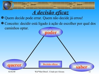 A decisão eficaz Quem decide pode errar. Quem não decide já errou! Conceito: decidir está ligado à ação de escolher por qual dos caminhos optar. Decisão eficaz querer saber poder 