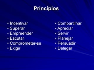 Princípios 
• Incentivar 
• Superar 
• Empreender 
• Escutar 
• Comprometer-se 
• Exigir 
• Compartilhar 
• Apreciar 
• Servir 
• Planejar 
• Persuadir 
• Delegar 
 