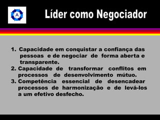 1. Capacidade em conquistar a confiança das 
pessoas e de negociar de forma aberta e 
transparente. 
2. Capacidade de transformar conflitos em 
processos de desenvolvimento mútuo. 
3. Competência essencial de desencadear 
processos de harmonização e de levá-los 
a um efetivo desfecho. 
 