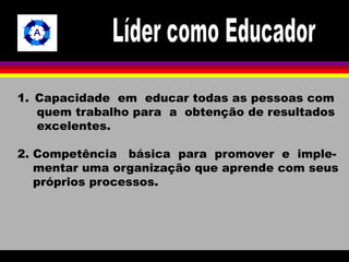 1. Capacidade em educar todas as pessoas com 
quem trabalho para a obtenção de resultados 
excelentes. 
2. Competência básica para promover e imple-mentar 
uma organização que aprende com seus 
próprios processos. 
 