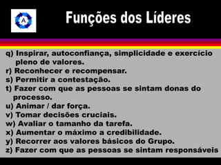 q) Inspirar, autoconfiança, simplicidade e exercício 
pleno de valores. 
r) Reconhecer e recompensar. 
s) Permitir a contestação. 
t) Fazer com que as pessoas se sintam donas do 
processo. 
u) Animar / dar força. 
v) Tomar decisões cruciais. 
w) Avaliar o tamanho da tarefa. 
x) Aumentar o máximo a credibilidade. 
y) Recorrer aos valores básicos do Grupo. 
z) Fazer com que as pessoas se sintam responsáveis 
 