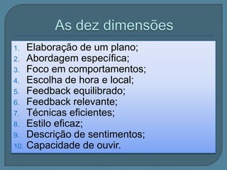 Elaboração de um plano;
2. Abordagem específica;
3. Foco em comportamentos;
4. Escolha de hora e local;
5. Feedback equilibrado;
6. Feedback relevante;
7. Técnicas eficientes;
8. Estilo eficaz;
9. Descrição de sentimentos;
10. Capacidade de ouvir.
1.

 
