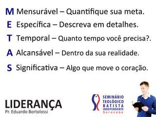 Mensurável	
  –	
  Quan:ﬁque	
  sua	
  meta.	
  M	
  
E	
   Especíﬁca	
  –	
  Descreva	
  em	
  detalhes.	
  
T	
   Temporal	
  –	
  Quanto	
  tempo	
  você	
  precisa?.	
  
A	
  Alcansável	
  –	
  Dentro	
  da	
  sua	
  realidade.	
  
S	
   Signiﬁca:va	
  –	
  Algo	
  que	
  move	
  o	
  coração.	
  
 