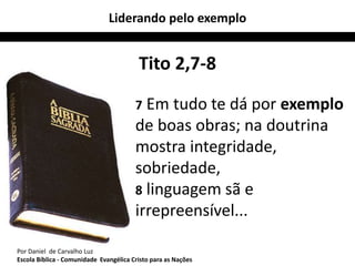 Liderando pelo exemplo 
Tito 2,7-8 
7 Em tudo te dá por exemplo 
de boas obras; na doutrina 
mostra integridade, 
sobriedade, 
8 linguagem sã e 
irrepreensível... 
Por Daniel de Carvalho Luz 
Escola Bíblica - Comunidade Evangélica Cristo para as Nações 
 