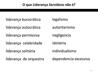 O que Liderança Servidora não é? 
liderança burocrática 
liderança autocrática 
liderança permissiva 
liderança celebridade 
liderança solitária 
liderança de orquestra 
31 
legalismo 
autoritarismo 
negligencia 
idolatria 
individualismo 
dependencia excessiva 
 