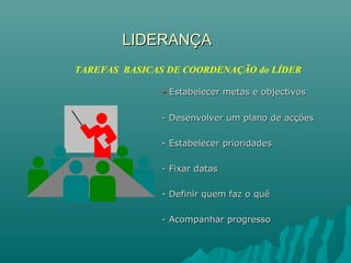 LIDERANÇALIDERANÇA
-- Estabelecer metas e objectivosEstabelecer metas e objectivos
- Desenvolver um plano de acções- Desenvolver um plano de acções
- Estabelecer prioridades- Estabelecer prioridades
- Fixar datas- Fixar datas
- Definir quem faz o quê- Definir quem faz o quê
- Acompanhar progresso- Acompanhar progresso
TAREFAS BASICAS DE COORDENAÇÃO do LÍDER
 