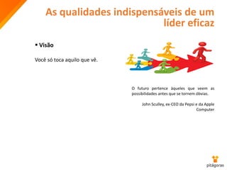 As qualidades indispensáveis de um
líder eficaz
 Visão
Você só toca aquilo que vê.
O futuro pertence àqueles que veem as
possibilidades antes que se tornem óbvias.
John Sculley, ex-CEO da Pepsi e da Apple
Computer
 