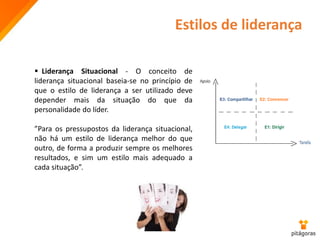 Estilos de liderança
 Liderança Situacional - O conceito de
liderança situacional baseia-se no princípio de
que o estilo de liderança a ser utilizado deve
depender mais da situação do que da
personalidade do líder.
”Para os pressupostos da liderança situacional,
não há um estilo de liderança melhor do que
outro, de forma a produzir sempre os melhores
resultados, e sim um estilo mais adequado a
cada situação”.
 