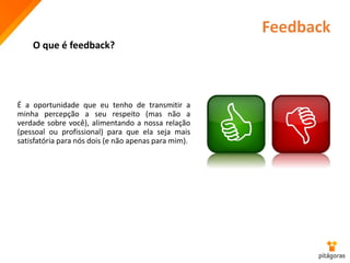 Feedback
É a oportunidade que eu tenho de transmitir a
minha percepção a seu respeito (mas não a
verdade sobre você), alimentando a nossa relação
(pessoal ou profissional) para que ela seja mais
satisfatória para nós dois (e não apenas para mim).
O que é feedback?
 