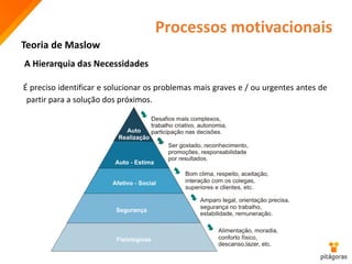 Processos motivacionais
Teoria de Maslow
É preciso identificar e solucionar os problemas mais graves e / ou urgentes antes de
partir para a solução dos próximos.
A Hierarquia das Necessidades
 