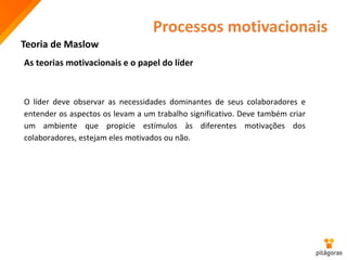 Processos motivacionais
Teoria de Maslow
O líder deve observar as necessidades dominantes de seus colaboradores e
entender os aspectos os levam a um trabalho significativo. Deve também criar
um ambiente que propicie estímulos às diferentes motivações dos
colaboradores, estejam eles motivados ou não.
As teorias motivacionais e o papel do líder
 