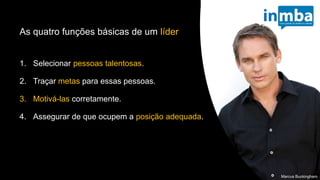 As quatro funções básicas de um líder
1. Selecionar pessoas talentosas.
2. Traçar metas para essas pessoas.
3. Motivá-las corretamente.
4. Assegurar de que ocupem a posição adequada.
Marcus Buckingham
 