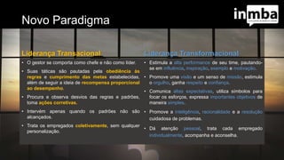 Novo Paradigma
Liderança Transacional
• O gestor se comporta como chefe e não como líder.
• Suas táticas são pautadas pela obediência às
regras e cumprimento das metas estabelecidas,
além de seguir a ideia de recompensa proporcional
ao desempenho.
• Procura e observa desvios das regras e padrões,
toma ações corretivas.
• Intervém apenas quando os padrões não são
alcançados.
• Trata os empregados coletivamente, sem qualquer
personalização.
Liderança Transformacional
• Estimula a alta performance de seu time, pautando-
se em influência, inspiração, exemplo e motivação.
• Promove uma visão e um senso de missão, estimula
o orgulho, ganha respeito e confiança.
• Comunica altas expectativas, utiliza símbolos para
focar os esforços, expressa importantes objetivos de
maneira simples.
• Promove a inteligência, racionalidade e a resolução
cuidadosa de problemas.
• Dá atenção pessoal, trata cada empregado
individualmente, acompanha e aconselha.
 