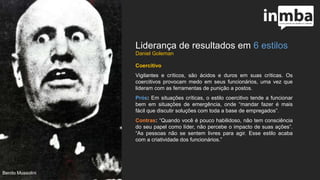 Liderança de resultados em 6 estilos
Coercitivo
Vigilantes e críticos, são ácidos e duros em suas críticas.
Os coercitivos provocam medo em seus funcionários, uma
vez que lideram com as ferramentas de punição a postos.
Prós: Em situações críticas, o estilo coercitivo tende a
funcionar bem em situações de emergência, onde “mandar
fazer é mais fácil que discutir soluções com toda a base de
empregados”.
Contras: “Quando você é pouco habilidoso, não tem
consciência do seu papel como líder, não percebe o
impacto de suas ações”. “As pessoas não se sentem livres
para agir. Esse estilo acaba com a criatividade dos
funcionários.”
Benito Mussolini
 
