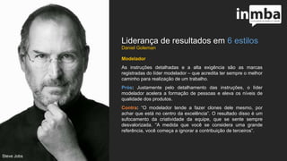 Liderança de resultados em 6 estilos
Modelador
As instruções detalhadas e a alta exigência são as marcas
registradas do líder modelador – que acredita ter sempre o
melhor caminho para realização de um trabalho.
Prós: Justamente pelo detalhamento das instruções, o
líder modelador acelera a formação de pessoas e eleva os
níveis de qualidade dos produtos.
Contra: “O modelador tende a fazer clones dele mesmo,
por achar que está no centro da excelência”. O resultado
disso é um sufocamento da criatividade da equipe, que se
sente sempre desvalorizada. “A medida que você se
considera uma grande referência, você começa a ignorar a
contribuição de terceiros”.
Steve Jobs
 