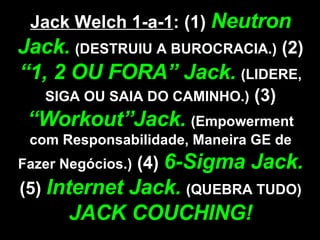 Jack Welch 1-a-1 : (1)  Neutron Jack.   (DESTRUIU A BUROCRACIA.)  (2)  “1, 2 OU FORA” Jack.   (LIDERE, SIGA OU SAIA DO CAMINHO.)  (3)  “Workout”Jack.   (Empowerment com Responsabilidade, Maneira GE de Fazer Negócios.)  (4)  6-Sigma Jack.  (5)  Internet Jack.   (QUEBRA TUDO)  JACK COUCHING! 