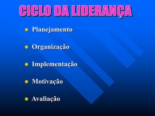 Planejamento
Organização
Implementação
Motivação
Avaliação
 