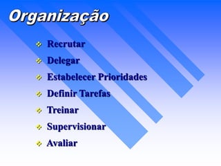  Recrutar
 Delegar
 Estabelecer Prioridades
 Definir Tarefas
 Treinar
 Supervisionar
 Avaliar
 