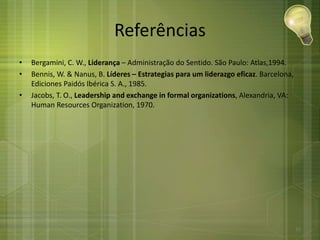 Referências
• Bergamini, C. W., Liderança – Administração do Sentido. São Paulo: Atlas,1994.
• Bennis, W. & Nanus, B. Líderes – Estrategias para um liderazgo eficaz. Barcelona,
Ediciones Paidós Ibérica S. A., 1985.
• Jacobs, T. O., Leadership and exchange in formal organizations, Alexandria, VA:
Human Resources Organization, 1970.
31
 