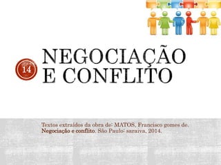 Textos extraídos da obra de: MATOS, Francisco gomes de.
Negociação e conflito. São Paulo: saraiva, 2014.
14
 