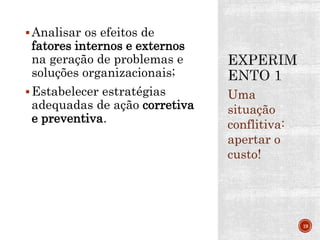 Analisar os efeitos de
fatores internos e externos
na geração de problemas e
soluções organizacionais;
Estabelecer estratégias
adequadas de ação corretiva
e preventiva.
Uma
situação
conflitiva:
apertar o
custo!
19
 