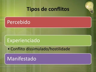 Tipos de conflitos
Percebido
Experienciado
• Conflito dissimulado/hostilidade
Manifestado
4
 