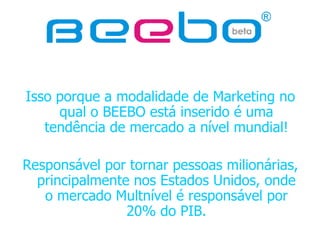 Isso porque a modalidade de Marketing no qual o BEEBO está inserido é uma tendência de mercado a nível mundial! Responsável por tornar pessoas milionárias, principalmente nos Estados Unidos, onde o mercado Multnível é responsável por 20% do PIB. 