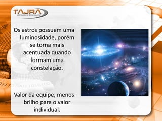 Os astros possuem uma
luminosidade, porém
se torna mais
acentuada quando
formam uma
constelação.
Valor da equipe, menos
brilho para o valor
individual.
 