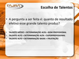 Escolha de Talentos
• A pergunta a ser feita é: quanto de resultado
efetivo esse grande talento produz?
• TALENTO MÉDIO + DETERMINAÇÃO ALTA = BOM PROFISSIONAL
• TALENTO ALTO + DETERMINAÇÃO ALTA = SUPERPROFISSIONAL
• TALENTO ALTO + DETERMINAÇÃO BAIXA = FRUSTAÇÃO
 