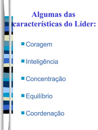 Algumas das  características do Líder: Coragem Inteligência Concentração Equilíbrio Coordenação  