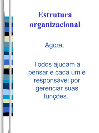 Estrutura organizacional Agora: Todos ajudam a pensar e cada um é responsável por gerenciar suas funções.  