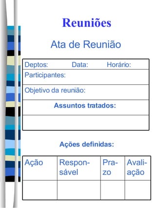 Reuniões Ata de Reunião Ações definidas: Assuntos tratados:  Objetivo da reunião:  Participantes: Deptos:   Data:  Horário: Avali-ação Pra-zo  Respon-sável Ação 