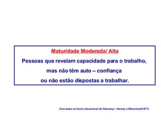 Maturidade Moderada/ Alta
Pessoas que revelam capacidade para o trabalho,
mas não têm auto – confiança
ou não estão dispostas a trabalhar.
Com base na teoria situacional de liderança - Hersey e Blanchard(1977)
 