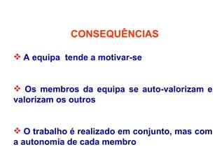 CONSEQUÊNCIAS A equipa  tende a motivar-se Os membros da equipa se auto-valorizam e valorizam os outros O trabalho é realizado em conjunto, mas com a autonomia de cada membro 