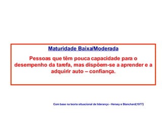 Maturidade Baixa/Moderada Pessoas que têm pouca capacidade para o desempenho da tarefa, mas dispõem-se a aprender e a adquirir auto – confiança. Com base na teoria situacional de liderança - Hersey e Blanchard(1977 ) 