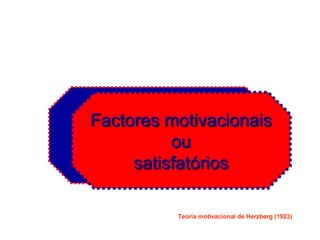 Teoria motivacional de Herzberg (1923) Factores higiénicos  Factores motivacionais ou satisfatórios 
