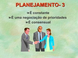 PLANEJAMENTO- 3
         lÉ constante
lÉ uma negociação de prioridades
        lÉ consensual
 