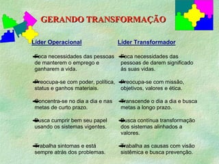 GERANDO TRANSFORMAÇÃO

Líder Operacional                Líder Transformador

• necessidades das pessoas • necessidades das
Foca                       Foca
de manterem o emprego e    pessoas de darem significado
ganharem a vida.           às suas vidas.

•
Preocupa-se com poder, política, •
                                 Preocupa-se com missão,
status e ganhos materiais.       objetivos, valores e ética.

•
Concentra-se no dia a dia e nas •
                                Transcende o dia a dia e busca
metas de curto prazo.           metas a longo prazo.

•
Busca cumprir bem seu papel      •
                                 Busca contínua transformação
usando os sistemas vigentes.     dos sistemas alinhados a
                                 valores.

•
Trabalha sintomas e está         •
                                 Trabalha as causas com visão
sempre atrás dos problemas.      sistêmica e busca prevenção.
 