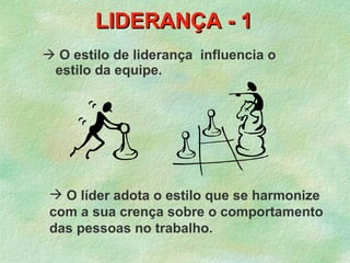 LIDERANÇA - 1
 O estilo de liderança influencia o
 estilo da equipe.




  O líder adota o estilo que se harmonize
 com a sua crença sobre o comportamento
 das pessoas no trabalho.
 