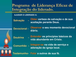 Programa  de Liderança Eficaz de Integração do liderado. AJUDAR O LIDERADO A: Obter  certeza da salvação e de sua aceitação perante Deus. Observar  o seu momento devocional diário. Entender  os princípios básicos da vida abundante em Cristo. Integrar-se  na vida de serviço e adoração da igreja local. Falar  a outros de sua fé. Salvação  - Devocional - Doutrina  - Comunhão  - Testemunho- 