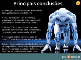 Principais conclusões 
Café & conteúdo 
Troca de ideias, network e conteúdo 
A Liderança – continuará sendo o maior desafio 
das organizações no mundo inteiro. 
A Força de Trabalho – será diferente, o 
engajamento e a retenção serão os principais 
problemas nas mentes de CEOs e CHROs. 
O RH está ficando para trás em termos de 
estrutura, competências, análises, tecnologia, 
recrutamento de classe mundial e L & D. 
A Tecnologia, análise, e a “sobrecarga de 
trabalho” serão áreas de foco intenso para RH 
Déficites de competências, rápida obsolescência 
de competências, necessidade de aprendizagem 
da próxima geração, mobilidade de talentos – 
Lidar com isso vai diferenciar as empresas. 
 