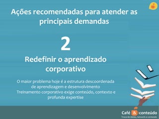 Ações recomendadas para atender as 
Café & conteúdo 
Troca de ideias, network e conteúdo 
principais demandas 
2 
Redefinir o aprendizado 
corporativo 
O maior problema hoje é a estrutura descoordenada 
de aprendizagem e desenvolvimento 
Treinamento corporativo exige conteúdo, contexto e 
profunda expertise 
 
