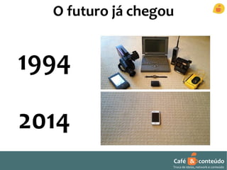 O futuro já chegou 
1994 
2014 
Café & conteúdo 
Troca de ideias, network e conteúdo 
 