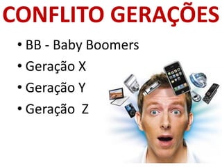 CONFLITO GERAÇÕES
• BB - Baby Boomers
• Geração X
• Geração Y
• Geração Z
 