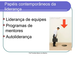 Papéis contemporâneos da
liderança
Liderança de equipes
Programas de
mentores
Autoliderança
Profª Andréia Maria Lins Martins
 