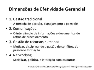 Dimensões	
  de	
  EfeBvidade	
  Gerencial	
  
•  1.	
  Gestão	
  tradicional	
  
    –  A	
  tomada	
  de	
  decisão,	
  planejamento	
  e	
  controle	
  
•  2.	
  Comunicações	
  
    –  O	
  intercâmbio	
  de	
  informações	
  e	
  documentos	
  de	
  
       roBna	
  de	
  processamento	
  
•  3.	
  Gestão	
  de	
  recursos	
  humanos	
  
    –  MoBvar,	
  disciplinando	
  a	
  gestão	
  de	
  conﬂitos,	
  de	
  
       pessoal	
  e	
  formação	
  
•  4.	
  Networking	
  
    –  Socializar,	
  poliBca,	
  e	
  interação	
  com	
  os	
  outros	
  
                       Fred	
  Luthans,	
  "Successful	
  vs.	
  Eﬀec.ve	
  Real	
  Managers",	
  Academy	
  of	
  Management	
  Execu.ve,	
  1988	
  
 