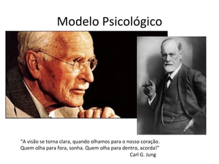 Modelo	
  Psicológico	
  




“A	
  visão	
  se	
  torna	
  clara,	
  quando	
  olhamos	
  para	
  o	
  nosso	
  coração.	
  
Quem	
  olha	
  para	
  fora,	
  sonha.	
  Quem	
  olha	
  para	
  dentro,	
  acorda!”	
  
                	
              	
          	
          	
                 	
  Carl	
  G.	
  Jung	
  
 