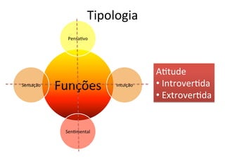 Tipologia	
  
                  PensaBvo	
  




                                                  ABtude	
  
Sensação	
  
               Funções	
           Intuição	
     • 	
  IntroverBda	
  
                                                  • 	
  ExtroverBda	
  


                 SenBmental	
  
 